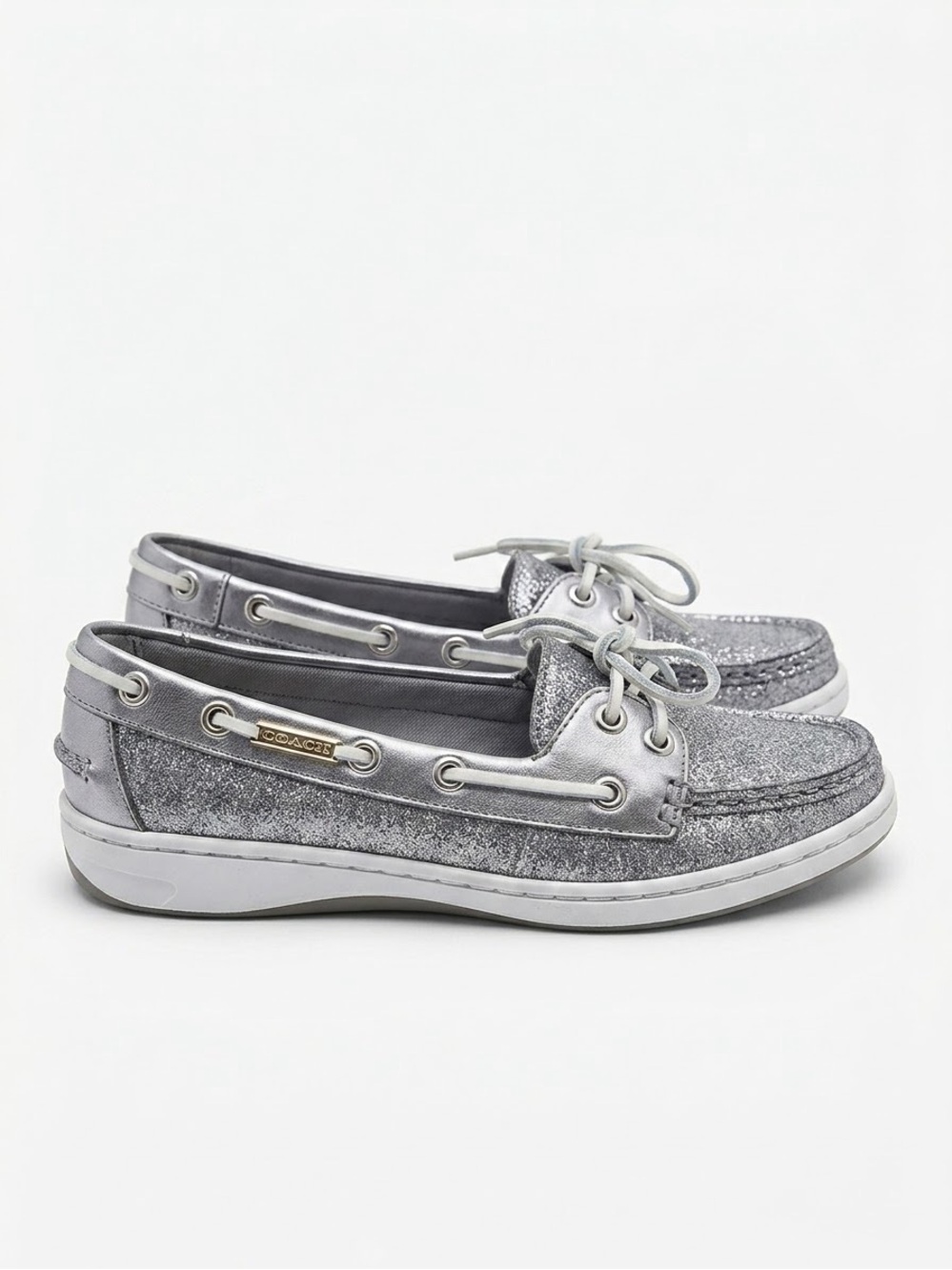 Coach Metallic Silver Glitter Boat Shoes with White Laces